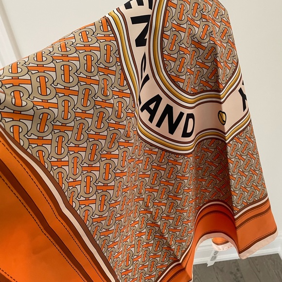 Burberry Print Logo Silk Orange Twill Scarf - Picture 8 of 16